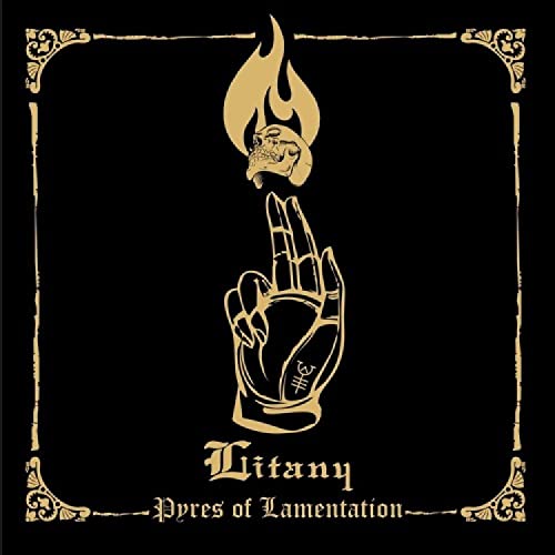 Golden hand holding a flaming skull, ornate frame, album cover art.