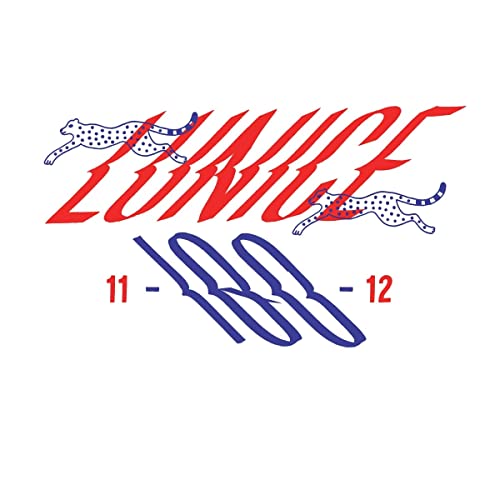 Lunice “180” album cover with red text, cheetahs, and blue design.