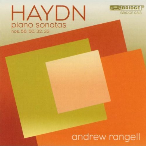 "CD cover with layered orange and green squares, featuring 'HAYDN piano sonatas' text."