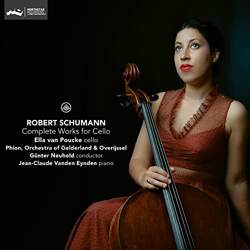 CD cover featuring cellist Ella Van Poucke in a red dress.