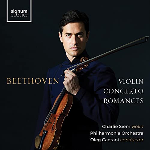 Charlie Siem holding a violin, album cover for Beethoven’s Violin Concerto.