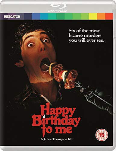 “Happy Birthday to Me” Blu-ray cover featuring a man with a kebab skewer.