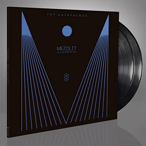 Black vinyl record cover with blue geometric lines and band name.