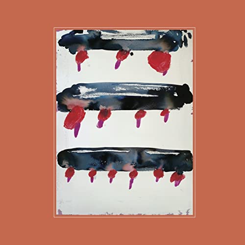 Album cover with abstract black brushstrokes and red droplet shapes.