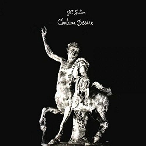 A silver centaur statue on a black background with white cursive text above.