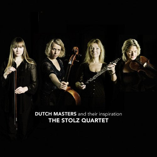 Four women in black clothing holding string instruments against a dark background.