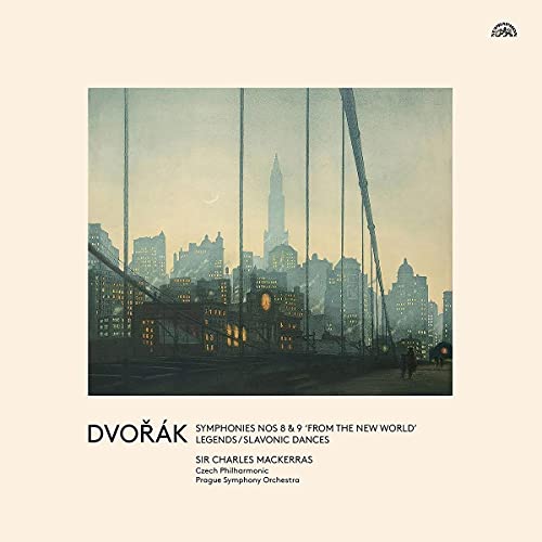 Vinyl record cover: cityscape painting with bridge, text “Dvořák” and orchestra details.