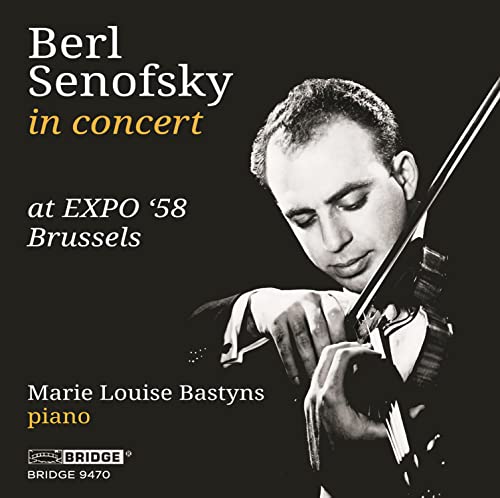 Black and white portrait of Berl Senofsky playing the violin, with text.