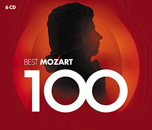 The image is a CD cover for Mozart's music, featuring a silhouette of the composer's head and the text "Best Mozart 100". The cover has a red background with a gradient effect, and the title is written in large white letters. The overall design is simple yet effective, conveying the theme of the album. Key elements of the image include: * A silhouette of Mozart's head in profile * The text "Best Mozart 100" in large white letters * A red background