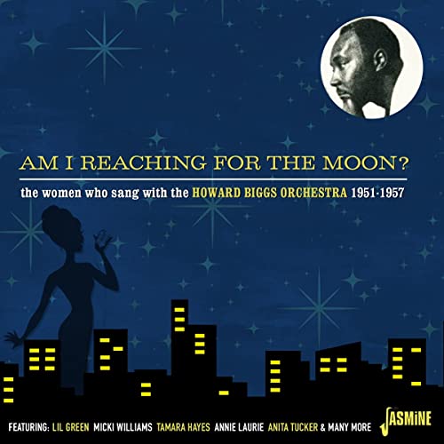 CD cover: dark blue, silhouette of singer, city skyline, portrait.
