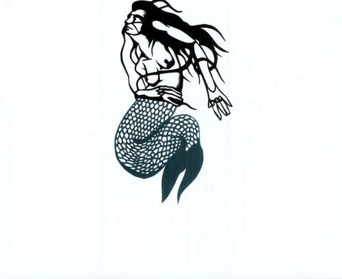 Black and white illustration of a mermaid with flowing hair.