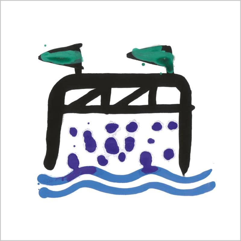 Abstract watercolor painting of a ship with two green funnels.
