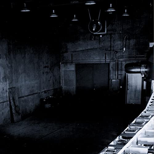 Dark, industrial interior with a central circular object and pipes.
