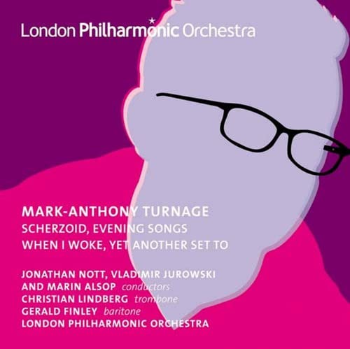 CD cover with a purple abstract face wearing black-framed glasses.