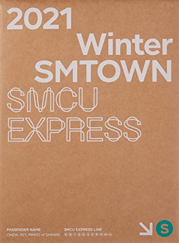 SMTown Winter album cover with white text on a textured pink background.
