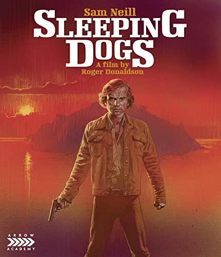 “Sleeping Dogs” Blu-ray cover featuring Sam Neil in a denim jacket holding a gun.