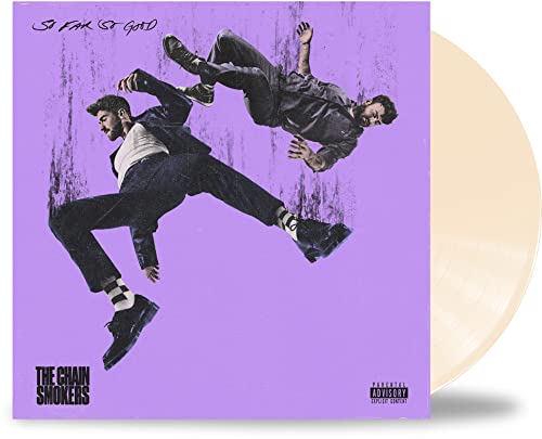 The Chainsmokers album cover with two men falling, and a bone-colored vinyl record.