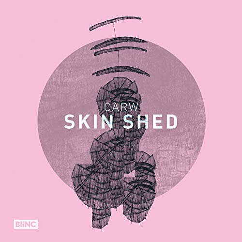 The image depicts a pink album cover with a black abstract figure.