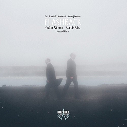 CD cover art: two men walking by a body of water in fog.