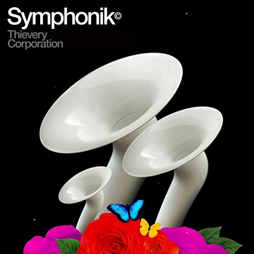 "CD cover with white mushrooms, flowers, and butterflies on a black background."