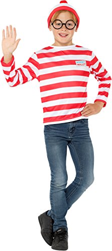 A child dressed as Wally, wearing a red-striped shirt, hat, and glasses, waving.