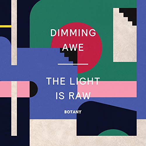 Abstract geometric albumL album cover with colorful shapes and text "Dimming Awe The Light Is Raw".