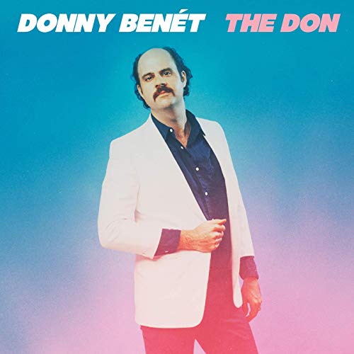 Album cover with Donny Benet in white jacket and blue shirt against blue-pink background.