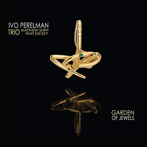 "Album cover featuring a gold abstract sculpture with jewels on a black background."