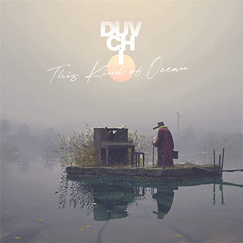 Album cover: foggy landscape with a figure and a piano on water.