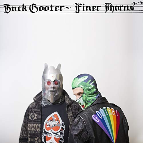 "Album cover featuring two masked individuals, one silver, one green, against a white background."