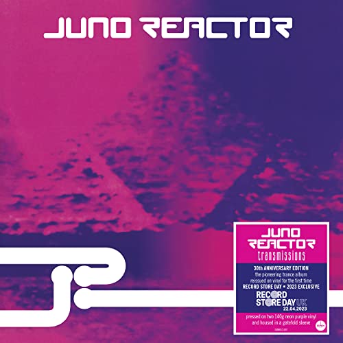 Juno Reactor “Transmissions” vinyl album cover with abstract pink and purple design.
