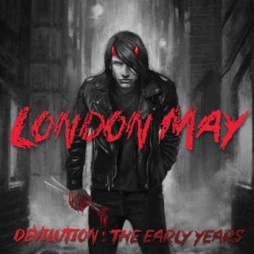 "Album cover art featuring a man with red horns holding a bloody knife."
