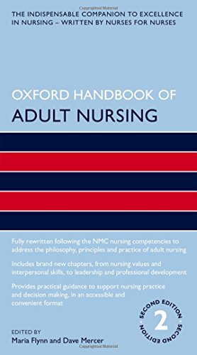 The image depicts the cover of a book titled "Oxford Handbook of Adult Nursing". A suitable alt text could be: "Light blue book cover with red and navy stripes."