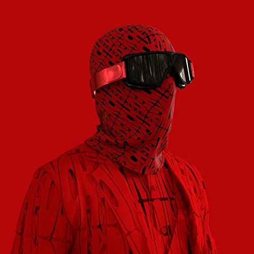 Red portrait of a person wearing a patterned balaclava and sunglasses.