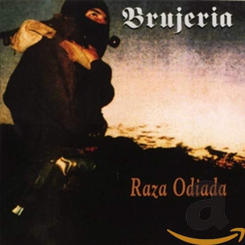 A masked person holds a rifle against a sunset sky on this music album cover.