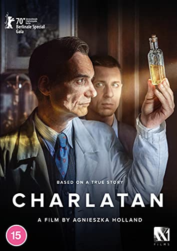 DVD cover for “Charlatan” featuring two men and a glowing bottle.