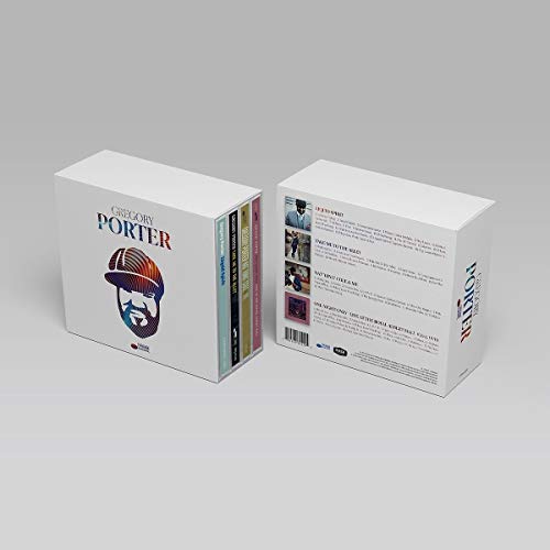 "Album cover with stylized illustration of Gregory Porter's face, colorful striped pattern, white background."