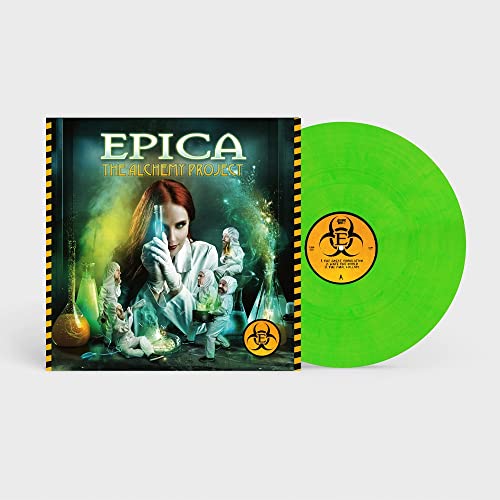 Epica’s “The Alchemy Project” vinyl record, toxic green marbled, with biohazard label.