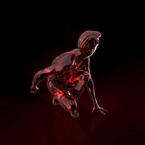 A red, transparent, 3D figure crouches on a black background.