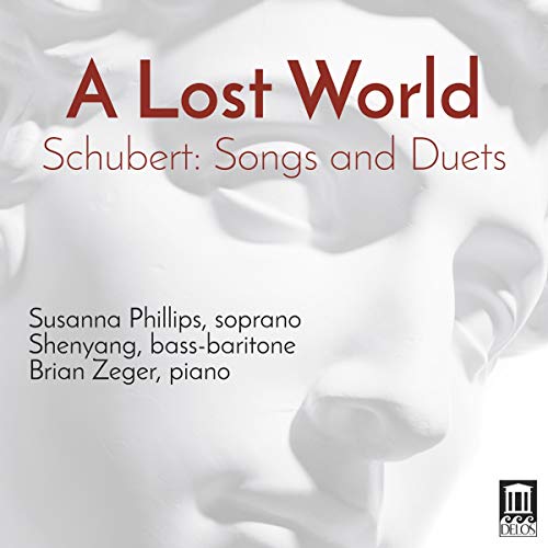 Album cover with red title, white marble background, and black artist names.
