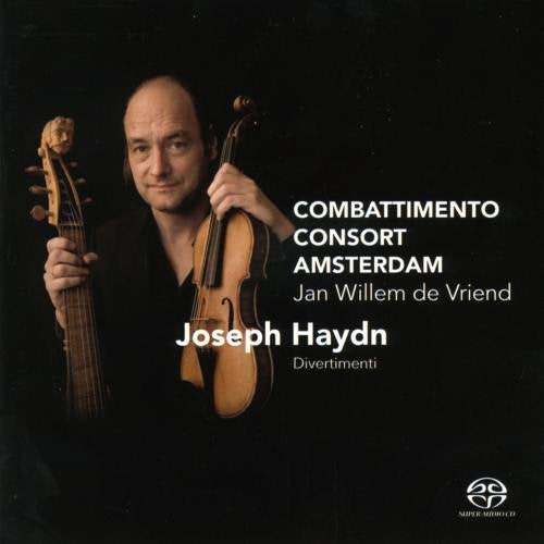 Man holding a lute and violin, with white text on a black background.