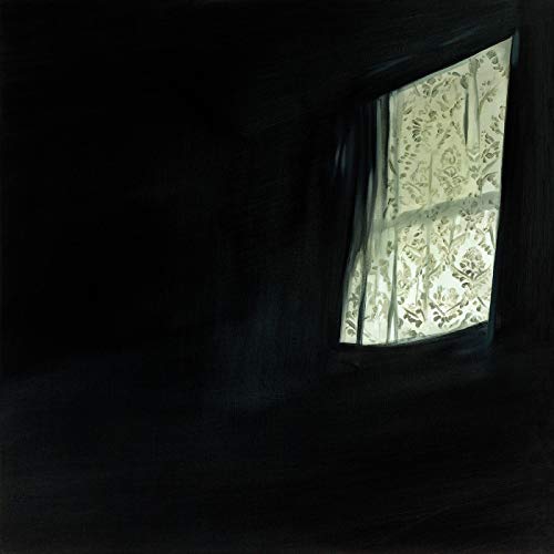 Dark painting of a window with floral patterned curtains.