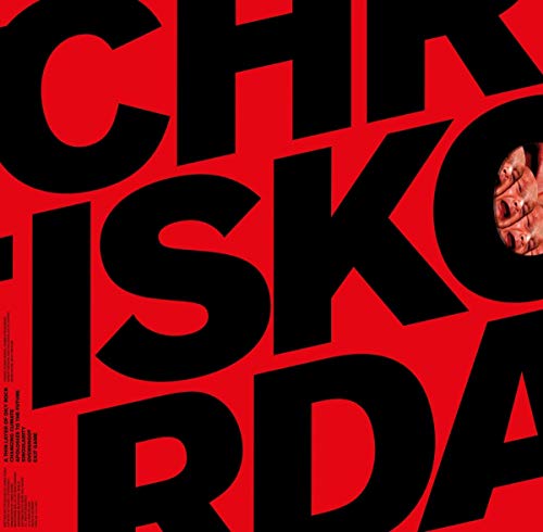 Red album cover with bold black text and a hand image.