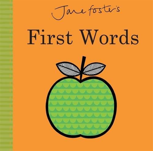 "Orange children's book cover with a green apple illustration and 'First Words' title."