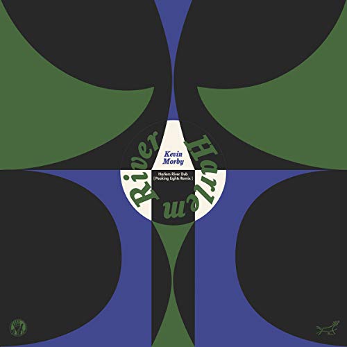 Vinyl record cover with abstract green and blue geometric shapes and text.