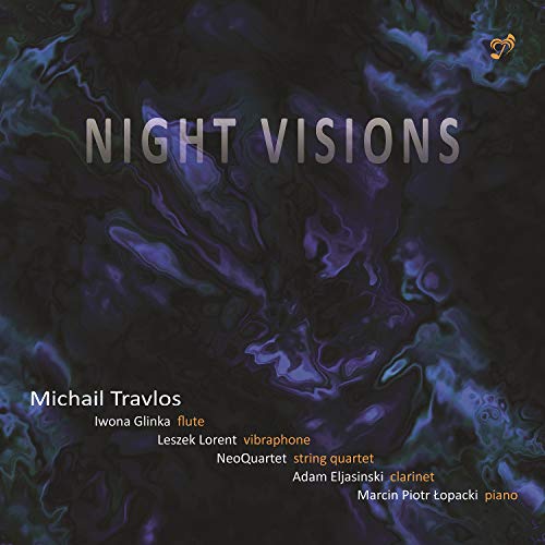 "CD cover with dark blue abstract background and 'Night Visions' title in silver font."