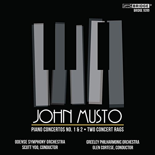 Black album cover with piano keys and white text, featuring "John Musto" and orchestra names.