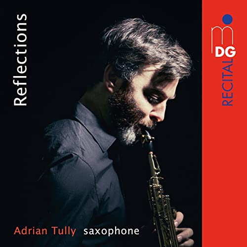 Saxophonist Adrian Tully in profile, album cover for classical music CD.