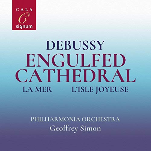 CD cover for Debussy’s “Engulfed Cathedral” with red text and blue gradient.