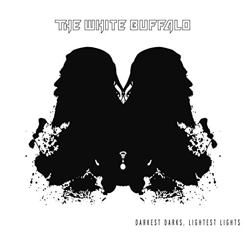 "Black silhouette of a bird on a white album cover with text."